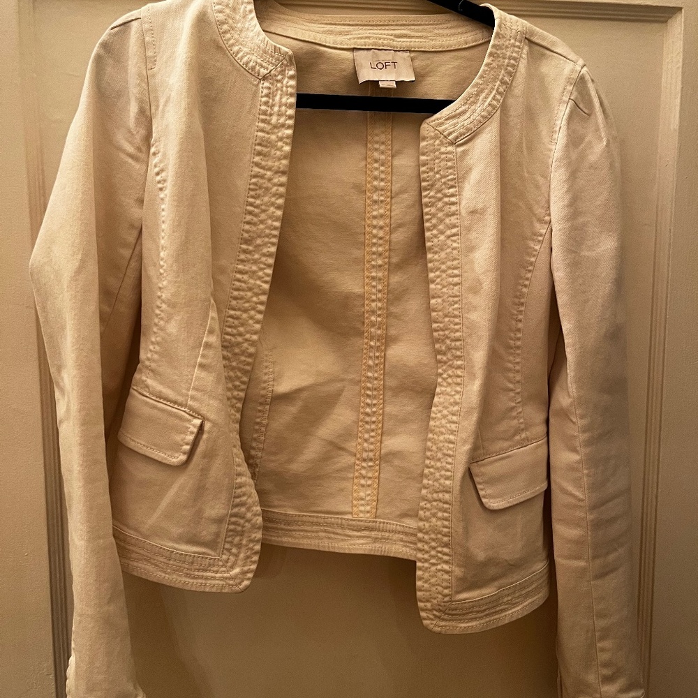 Ann Taylor Loft Cream Denim Open Front Jacket - XS TALL
